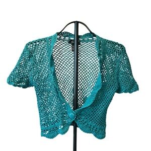 Spense Teal Crochet Bolero Shrug Cardigan Size Small